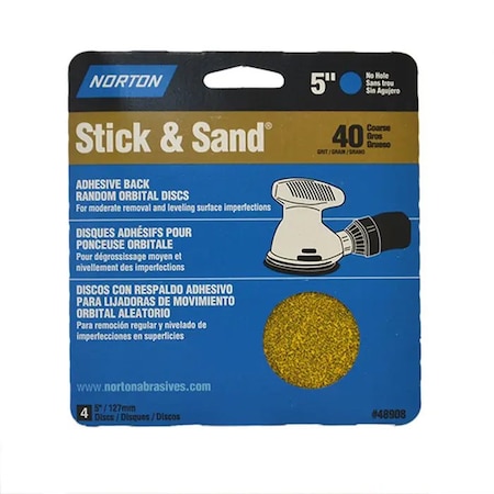 Norton Co 5" Stick & Sand No-Hole PSA Sanding Disc 40-Grit, PK 4 48908